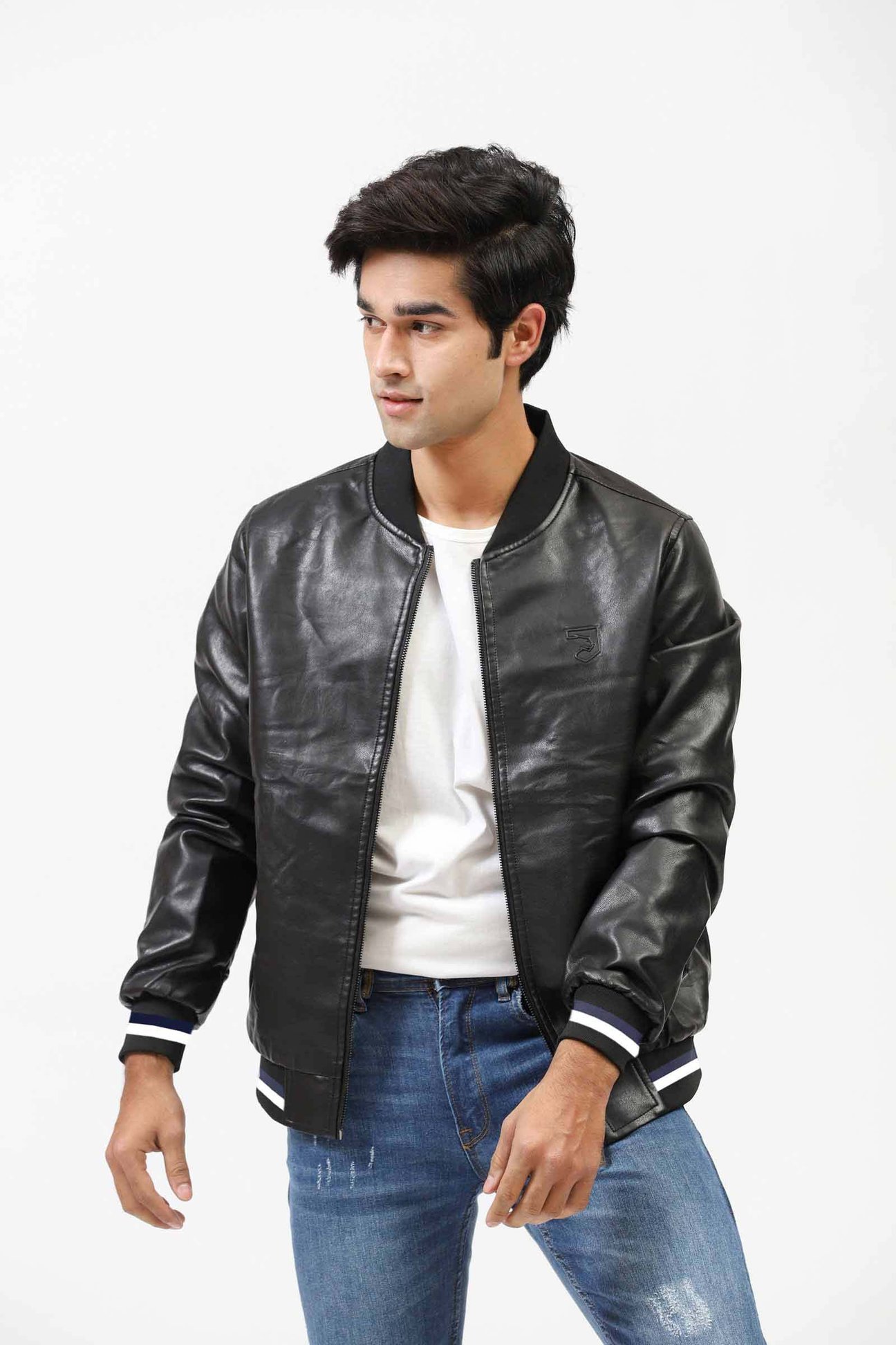 Textured Faux Leather Bomber Jacket